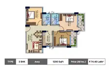 Viraj BBD Green City Lotus Court 3 BHK floor plan, 1200 sq ft carpet area