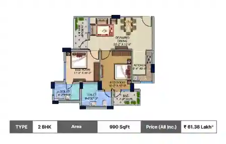 Viraj BBD Green City Lotus Court 2 BHK floor plan, 990 sq ft carpet area